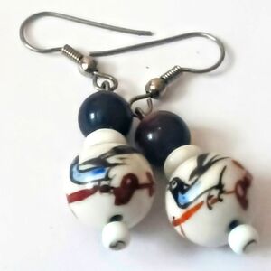 Vintage Chinese BIRD PORCELAIN Bead White Blue Black Drop Dangle Earring…